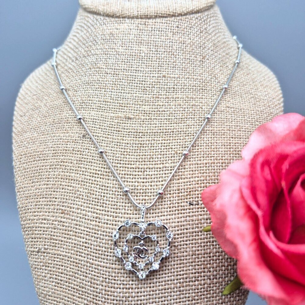 Cute Silver Tone Double Heart Crystal Pendant Necklace 18.5" Saturn Chain MINT